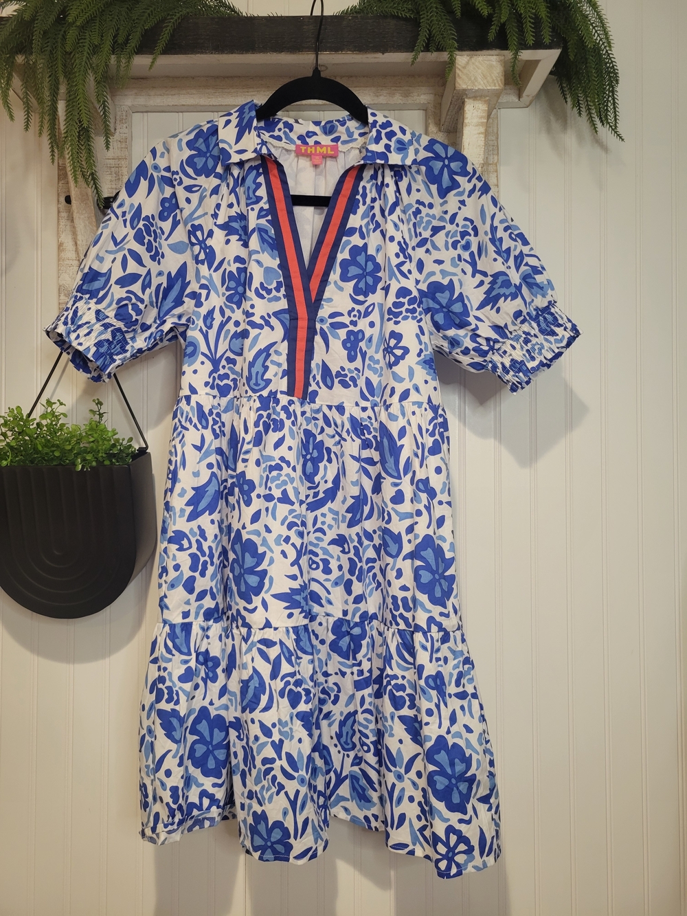 THML Blue Floral Tiered Midi Dress with Red-Navy Trim